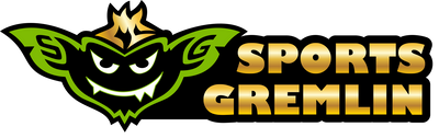 Sports Gremlin Logo, rebellious image with wide ears, mischeivious grin, gold mohawk, and gold name